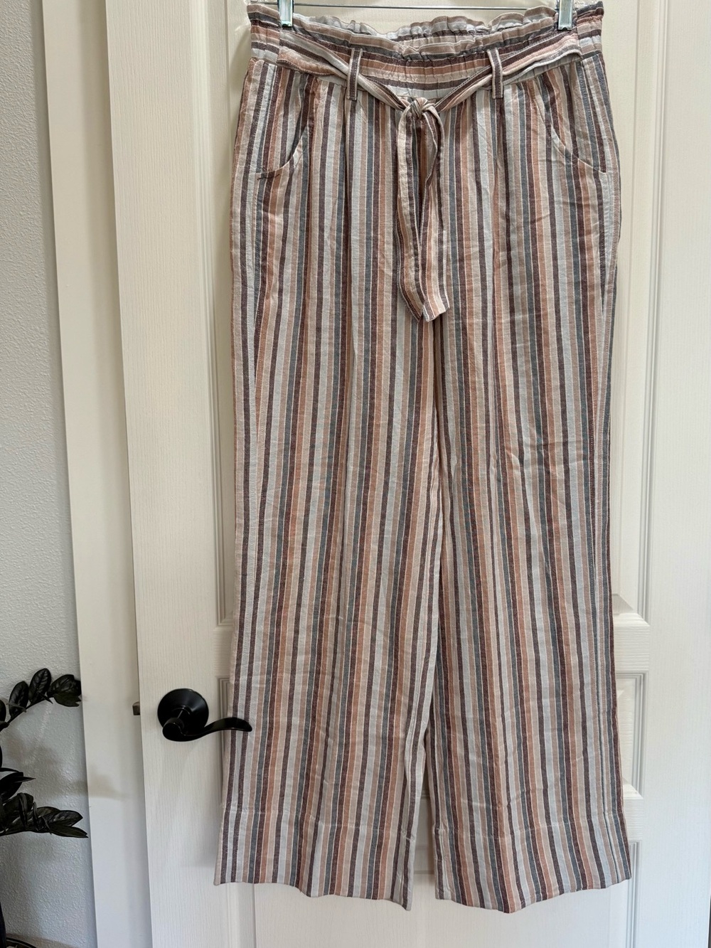 Rewind Wide-Leg Striped Linen-Blend Pants in Earth Tones NWOT SIZE LARGE